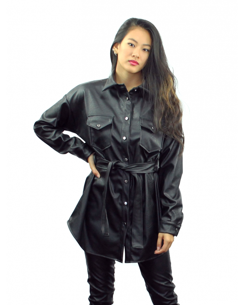 Faux leather coat with belt and buttons