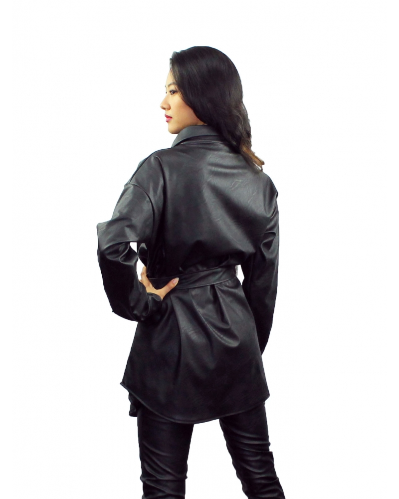 Faux leather coat with belt and buttons