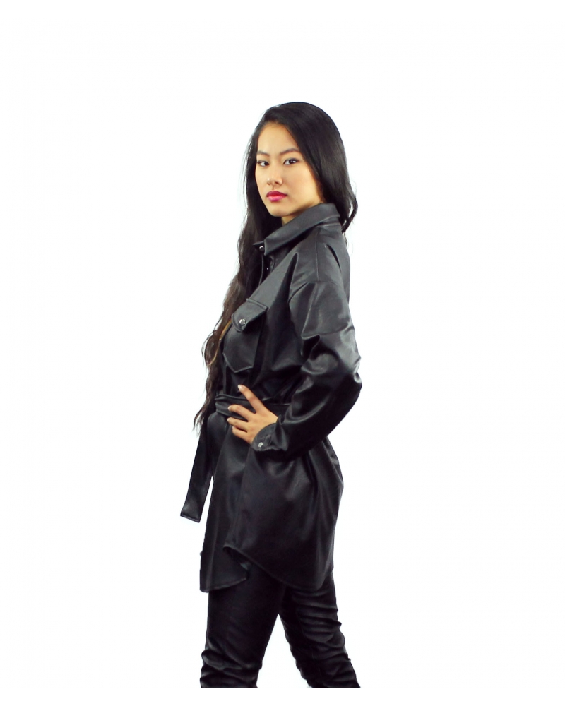 Faux leather coat with belt and buttons